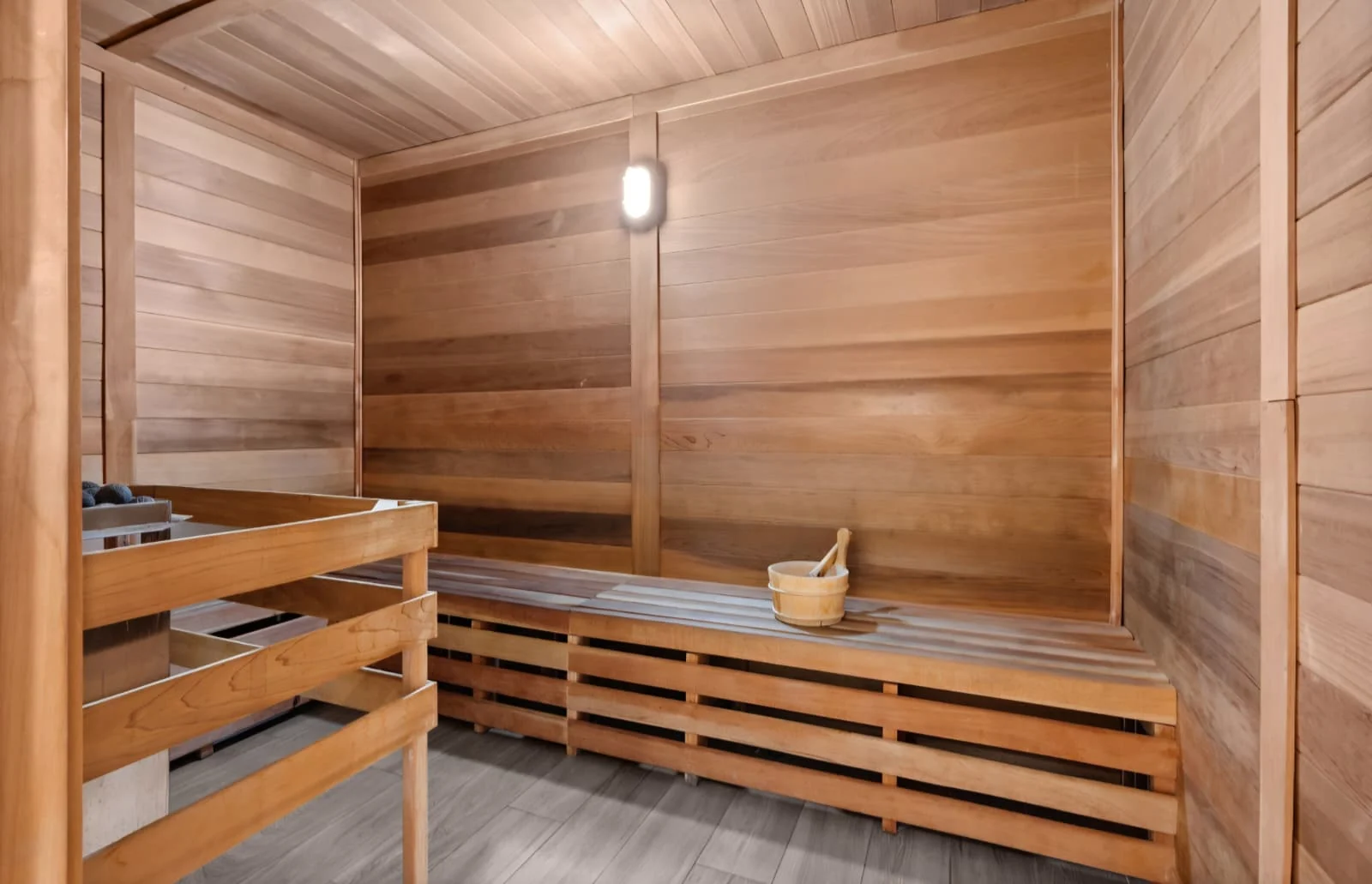 Wood-lined sauna within the spa amenities at The National in Ave Maria